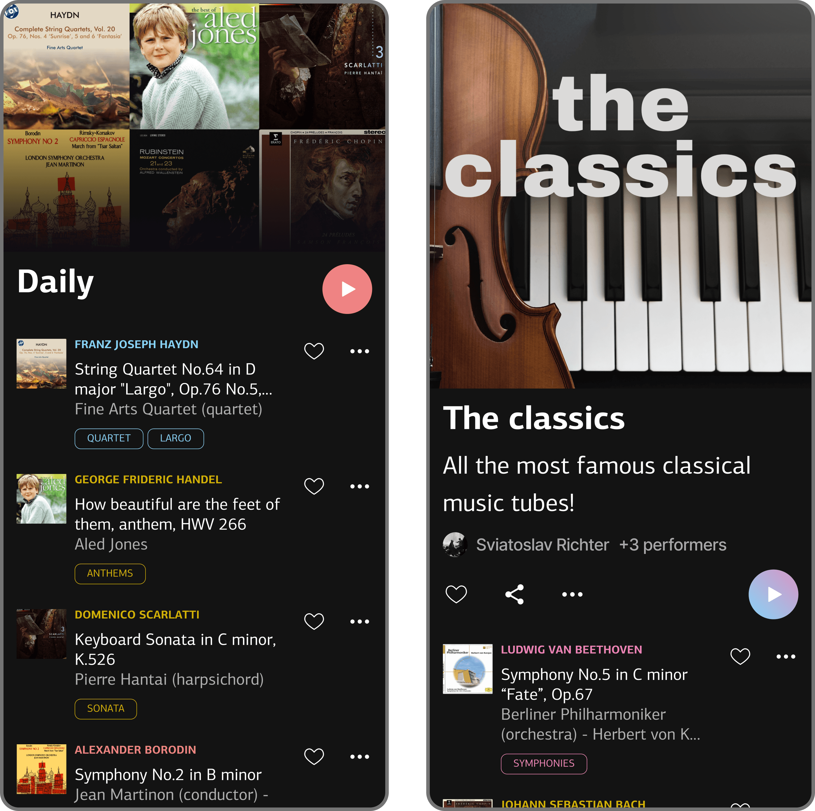 Two Tempso app screens showing playlists and radios