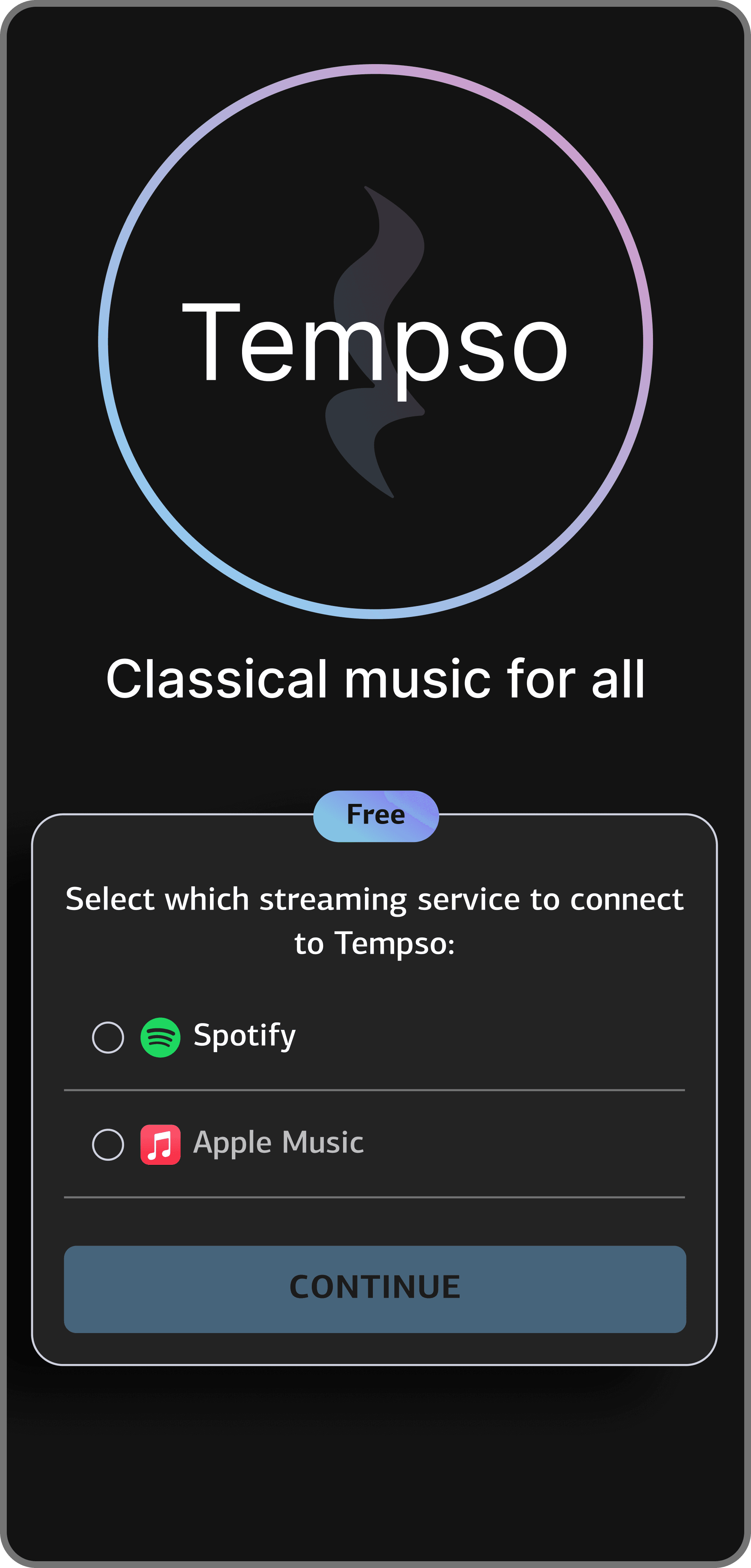 Tempso provider selection screen showing Spotify and Apple Music